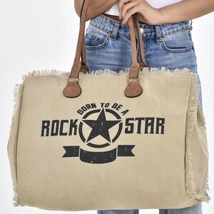 Large Rock Star Neutral Boho Frayed Edge Tote Bag Spacious